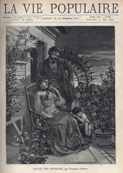 At night, on a flowery balcony, a family is gathered around the mother sitting on an armchair, holding her husband