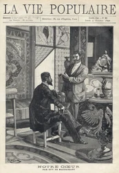 Two men, one sitting and the other standing, face each other and are in full conversation, smoking cigarettes in a richly decorated living room (stained glass windows, furniture, art objects). Illustration by Alfons Maria Mucha (Alphonse Marie Mucha)