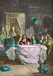 Jean de La Fontaine, Nicolas Boileau-Despréaux, Molière and Racine dining in a cabaret