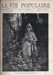 A naked young woman, standing and dishevelled, covering her body with a blanket, surrounded by vegetation and trees that conceal a wrought-iron grille. Illustration by Alfons Maria Mucha (Alphonse Marie Mucha)