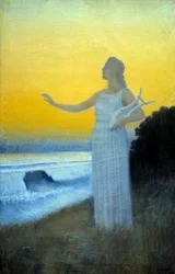 Anthem to the Sea. Young Woman Holding a Lyre Facing the Sea. Figure Evoking the Ancient Greek Poet Sappho. Painting by Alphonse Osbert (1857-1939), 1900, Private Collection