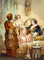 The Cup of Coffee: Two women taking coffee and smoking hubble-bubble, pub. 1865