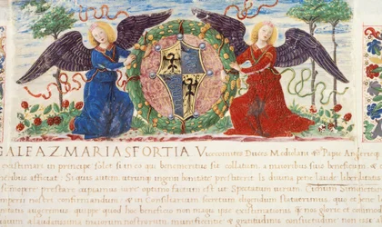 Angels Holding a Shield Depicting a Sforza Coat of Arms, Miniature by Ambrogio Bergognone from a Manuscript, Italy 1477