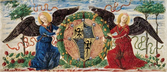Angels holding shield depicting Sforza coat of arms