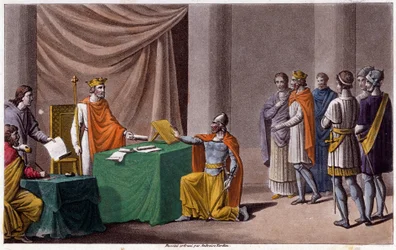 Charles II the Bald signing the Treaty of Verdun with Louis II the Germanic