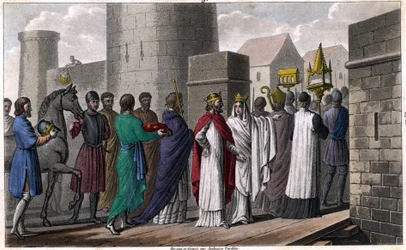 Chilperic, after the murder of Sigebert, entered Paris following a procession to not appear to violate the oath he had made to come there only with the consent of his brothers. Brunehaut, who had gone there with his son Childebert