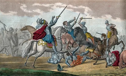 Clovis I (466-511), King of the Franks, Dynasty of the Merovingians - During the Battle of Tolbiac against the Alamans, he vowed to convert to Catholicism if God grants him victory - Drawn and engraved by Ambroise Tardieu in 1825