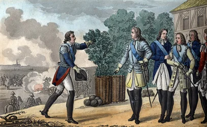 Louis XV (1710-1774). The King and the Dauphin attend the Battle of Fontenoy, which was very important for the outcome of the War of the Austrian Succession. The Marshal of Saxony won the Battle of Fontenoy in 1748 - Designed and engraved by Ambroise Tardi