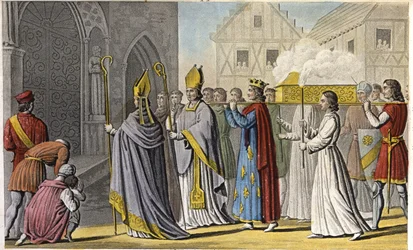 Philip III made a solemn service to Notre-Dame and carried the coffin on foot to Saint-Denis which contained the chief and bones of Saint-Louis, the flesh and bowels having been placed in a tomb near Palermo in Sicily - Reign of Philip III of France