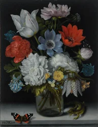 A Still Life of Flowers in a Glass Flask on a Marble Ledge, Flanked by a Red Admiral Butterfly and a Lizard