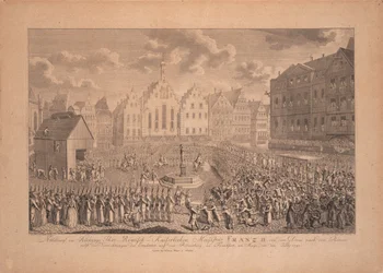 The coronation procession of Francis II from the Frankfurt Cathedral to Römerberg in July 1792