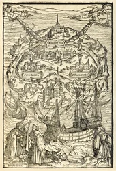 Map of the New Island of Utopia from a 1518 edition of Utopia by Sir Thomas More (1478-1535), first published in 1516. Woodcut by Ambrosius Holbein (c. 1494-c. 1519) showing the island with the protagonists
