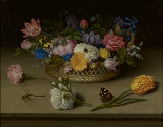 A Still Life of Flowers, a Dragonfly and a Red Admiral