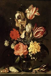 Mixed Flowers on a Ledge with Shells and a Fly