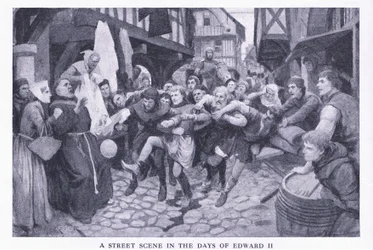 A street scene in the days of Edward II