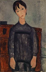 Girl Standing in a Black Pinafore