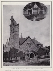 Jamestown, NY: First Baptist Church, Exterior and Interior views