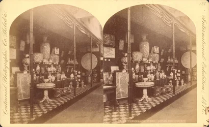 Collection of Japanese vases, urns, and screens, Japanese Court, Centennial International Exhibition