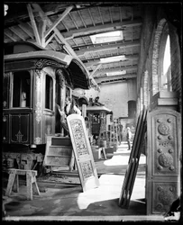 Interior View of Men Working in Paint Shop of Pullman Palace Cars Factory, believed to be in Detroit, Michigan
