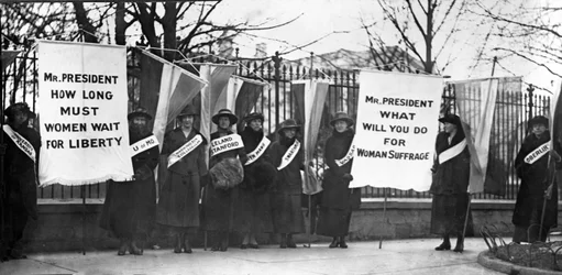 Women suffragists picketing in front of the White House, Washington DC, pub. 1917