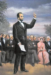 Abraham Lincoln (1809-65) delivering the Gettysburg address at Gettysburg, Pennsylvania, November 1863