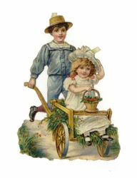 Boy Pushing Hand Cart with a Girl Seated Inside
