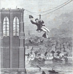 Brooklyn Bridge Under Construction; Mr. Farrington, Chief Construction Supervisor, is First to Cross the Span Between the Two Pylons on 25 August 1876