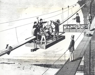 Brooklyn Bridge Under Construction in 1876, Braiding the Suspension Cables