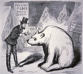Cartoon depicting American politician trying to find voters in Uninhabited Alaska