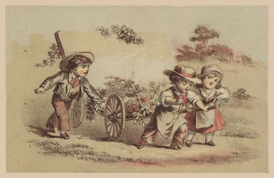 Children Pulling Cart with Flowers