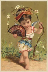 Chinese Girl Holding Fan in Garden