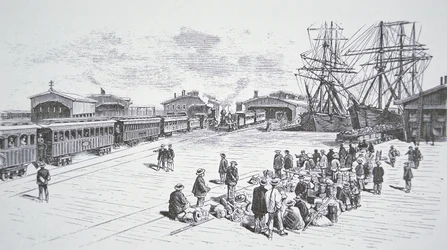 Chinese immigrants arriving in San Francisco to work on the transcontinental railroad during the 1860s