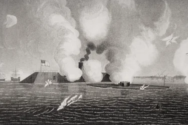 Combat Between the Confederate CSS Virginia and the Union USS Monitor on March 9th 1862 at Hampton Roads, Virginia (detail)