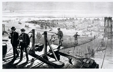 Construction of Brooklyn Bridge, New York