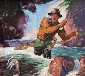 Fly Fisherman in a River Catching a Brook Trout