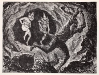 Gnomes Terrifying a Miner, from The World Guide to Gnomes, Fairies, Elves and Other Little People by Thomas Keightley (1789-1872), published 1880