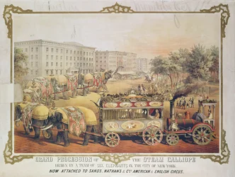 Grand Procession of the Steam Calliope Drawn by a Team of Six Elephants in New York, 1857