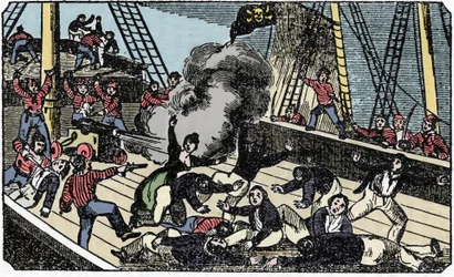 The death of the pirate gentleman Jean Lafitte, engraving of The pirate own book 1837.