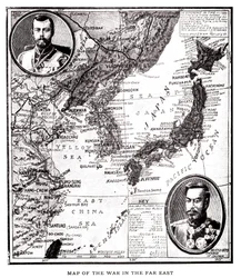 Map of eastern Russia, Korea and Japan during the Japanese Russo conflict. In medallion, Tsar Nicholas II of Russia and Emperor Meiji of Japan. Illustration, in Russia and Japan and a complete history of the war in the