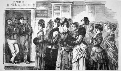 Members of the National Christian Temperance Union singing hymns and praying for lost souls in a saloon