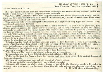Message to the People of Maryland to support the Confederacy, 8th September 1862