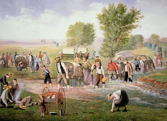 Mormon pioneers pulling handcarts on the long journey to Salt Lake City in 1856