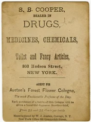 Perfumed with Austens Forest Flower Cologne; S.B, Cooper, Dealer in Drugs? [trade card verso]