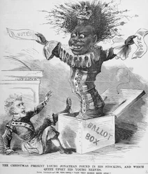 Political cartoon depicting President Andrew Jackson (1767-1845) being frightened by the prospect of the Black vote in America