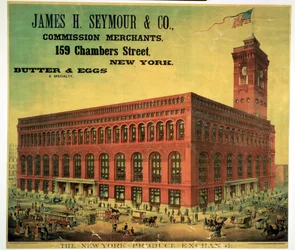 Poster advertising James H. Seymour & Co. Commission Merchants at the New York Produce Exchange, engraved by Sacket, Wilhelms and Betzig, c.1885