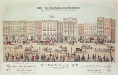 Poster of a view of Broadway, from Anthony to Franklin Street, advertising Robinsons Patent Hand Sewing Machine, 1855