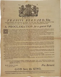 Proclamation in the name of Francis Bernard, Governor of Massachusetts Bay: announcing a day of fasting during French & Indian War, 8th April, 1761