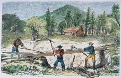 Prospectors using a sluice during the California Gold Rush of 1849