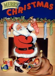 Santa Stuffing Stockings with Toys on Christmas Eve