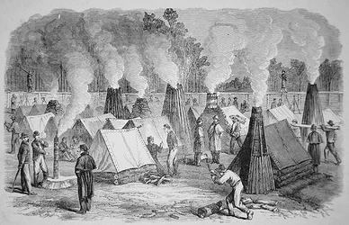 Scene in camp life - chimney architecture - the Federal soldiers at their camp fires (engraving)